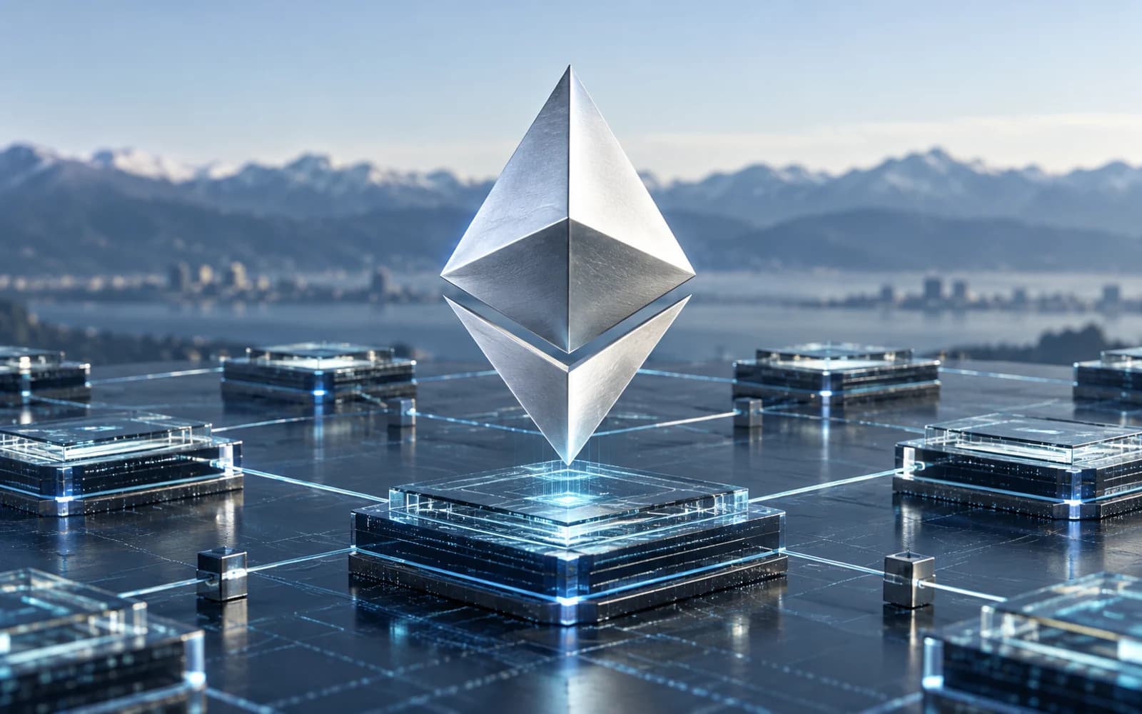 Ethereum network architecture representing the Glamsterdam protocol upgrade and smart contract compatibility