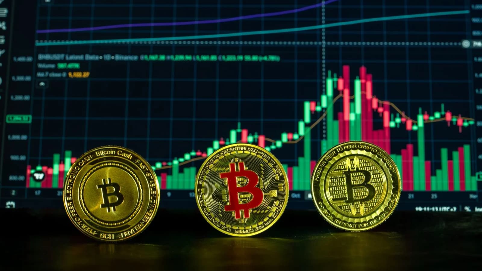 Bitcoin coins in front of market charts illustrating transaction fee conditions