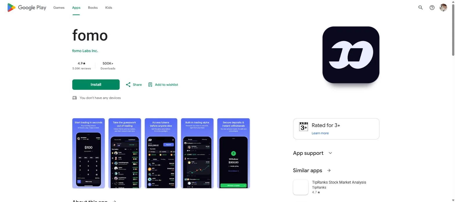 Fomo app on Google Play showing a 4.9 star rating from 5.06K reviews and 500K plus downloads