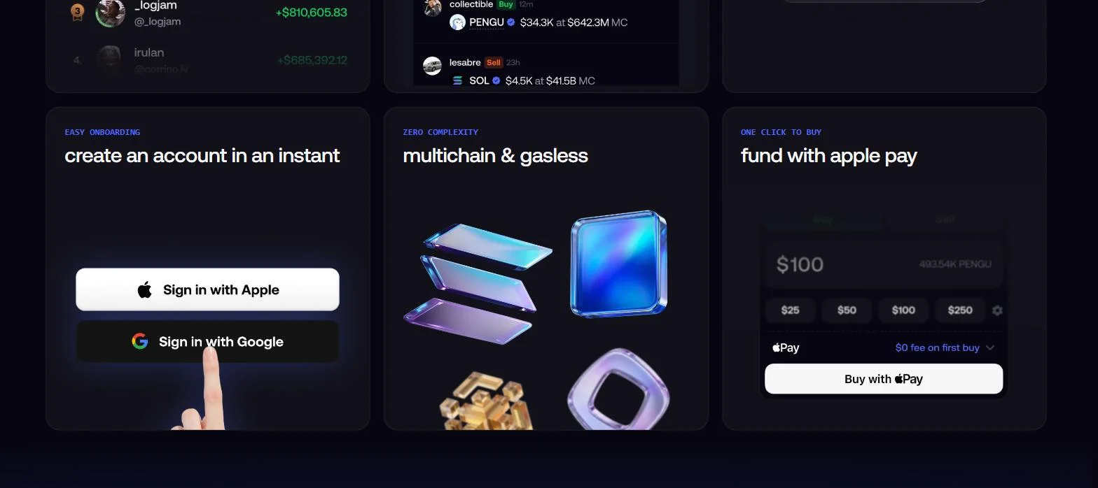 Fomo onboarding with Apple and Google sign in, multichain gasless trading and Apple Pay funding