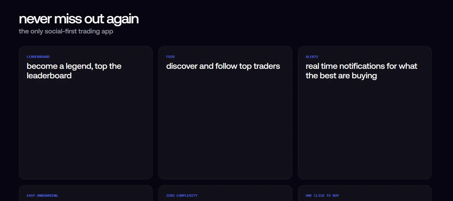 Fomo social trading features showing leaderboard, feed and real time alerts