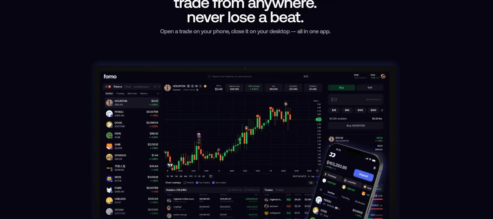 Fomo web trading interface with token list, price chart, buy panel and live trades feed