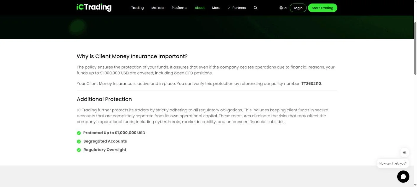 IC Trading client money insurance page showing cover up to 1,000,000 USD, policy number TT2602110 and segregated accounts