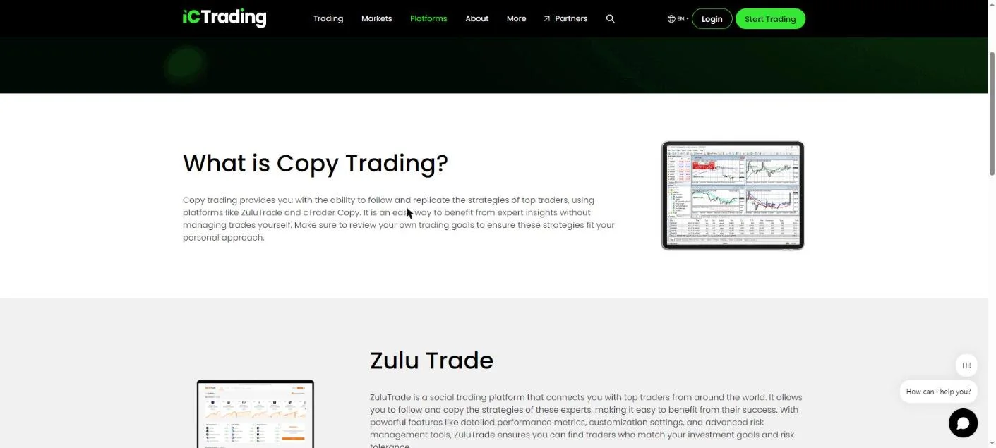 IC Trading copy trading page explaining that copy trading runs through ZuluTrade and cTrader Copy
